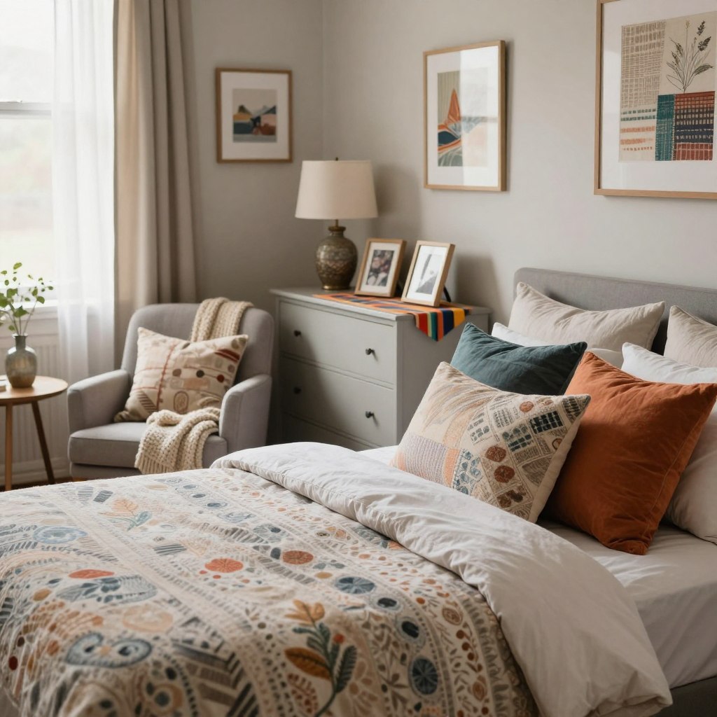 A cozy small bedroom scene showcasing innovative decorating ideas with textiles and soft furnishings. In the foreground, a neatly made bed adorned with a plush, patterned duvet cover and an array of colorful throw pillows in various textures. To one side, a stylish armchair draped with a knitted throw and a small side table featuring a decorative lamp. In the middle, a slim dresser with a vibrant fabric runner and a few framed photos. The background reveals softly painted walls decorated with framed fabric art, and a window dressed with sheer curtains allowing gentle natural light to filter in. The overall atmosphere is warm and inviting, emphasizing comfort and style in a compact space. Captured with a soft focus lens to enhance the cozy vibe.