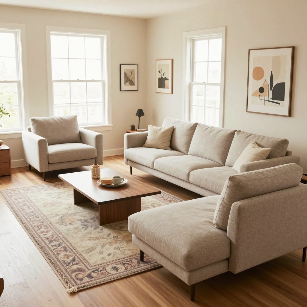 A cozy small living room showcasing a floating furniture arrangement to maximize space. In the foreground, a stylish, modern sofa is placed at an angle, accompanied by a chic coffee table. In the middle ground, a minimalist armchair complements the sofa, and a decorative rug enhances the area, creating a welcoming atmosphere. The background features light-colored walls with tasteful artwork, and large windows allowing natural light to flood the room. Soft ambient lighting gently illuminates the space, creating a warm and inviting mood. The camera angle captures the layout from a slightly elevated perspective, emphasizing the openness and flow of the room, illustrating the power of floating furniture away from walls to create an illusion of a larger living space.
