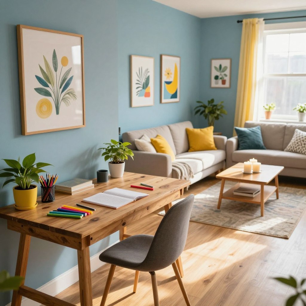 A cozy, stylish room transformed with budget-friendly decor ideas. In the foreground, a small, creatively arranged workspace featuring a rustic wooden desk adorned with vibrant houseplants and colorful stationery. The middle ground showcases a refreshed living space with a cheerful, handmade wall art, repurposed cushions on a comfortable sofa, and a DIY coffee table with decorative candles. The background depicts a bright window allowing soft, natural light to illuminate the room, casting warm shadows. The atmosphere is inviting and uplifting, with a harmonious blend of colors like soft blues and warm yellows. The angle is slightly tilted to convey a dynamic view, focusing on the clever use of space and creativity in decorating.