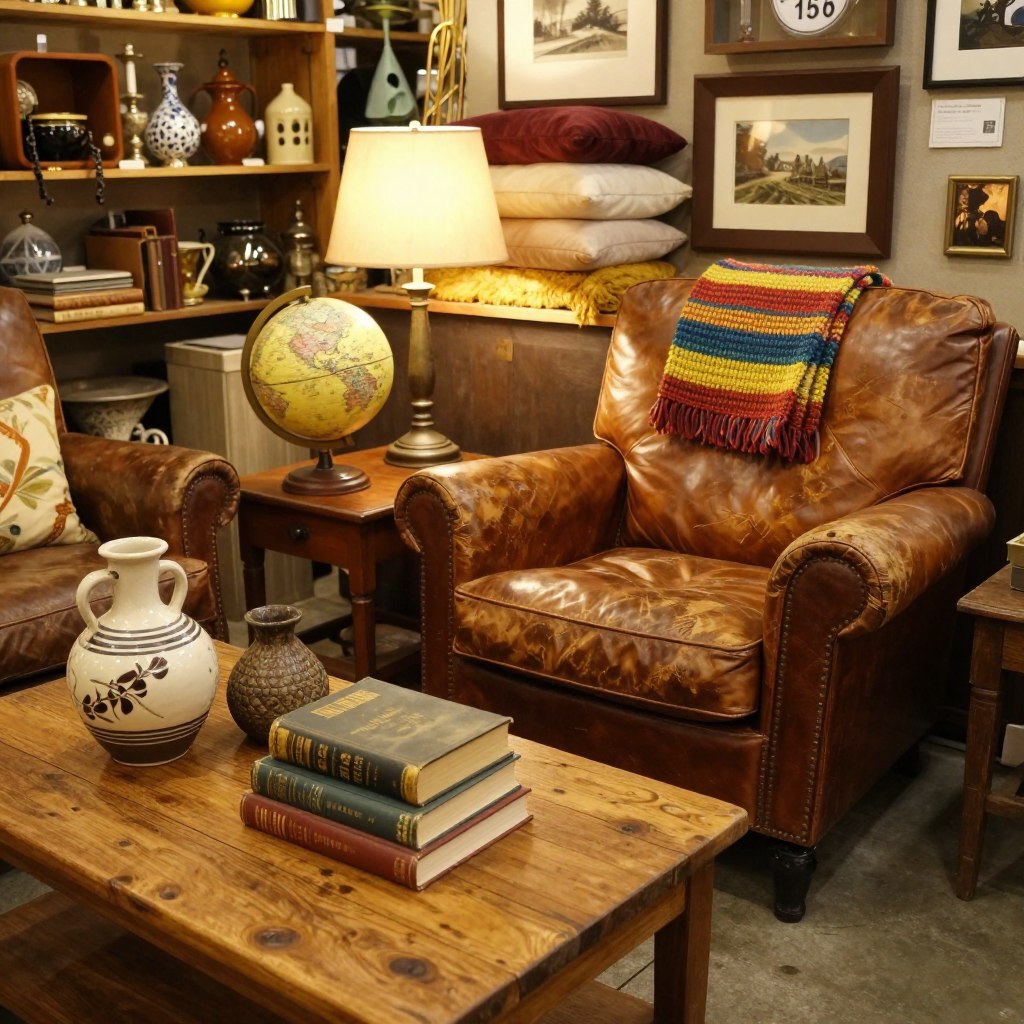 A cozy thrift store setting featuring an array of unique home decor finds and vintage furniture pieces. In the foreground, a rustic wooden coffee table adorned with eclectic items like a handmade ceramic vase, a stack of classic books, and a vintage globe. The middle ground showcases a comfortable, worn-in leather armchair with a colorful knitted throw draped over it, adjacent to a small wooden side table with a retro lamp. The background reveals a softly lit thrift shop atmosphere, with shelves lined with quirky decor items, framed art, and plush cushions. A warm golden light bathes the scene, creating an inviting and nostalgic mood, reminiscent of treasure hunting in a beloved thrift store, captured from a slight angle to emphasize depth and character.