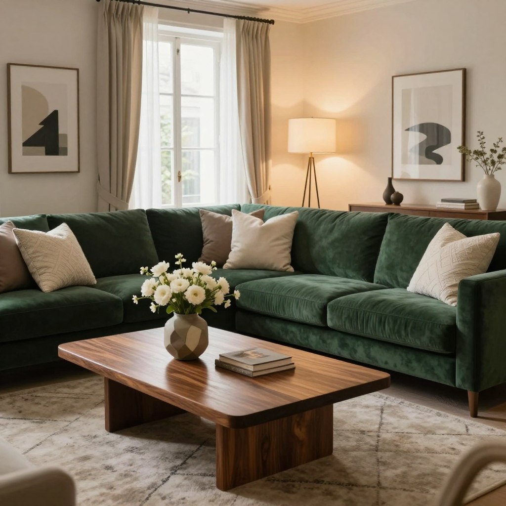 A luxurious and inviting living room that embodies comfort and elegance, featuring a plush, oversized sectional sofa adorned with soft, textured throw pillows in shades of cream and taupe. In the foreground, a statement coffee table made of rich, dark wood sits atop a cozy area rug with subtle geometric patterns. On the table, an artistic vase filled with fresh white flowers adds a touch of nature. The walls are adorned with tasteful, minimalistic art pieces that draw the eye without overwhelming the space. Soft, warm lighting emanates from stylish, modern floor lamps, casting a gentle glow throughout the room. In the background, large windows draped with sheer, flowing curtains allow natural light to stream in, creating a serene and inviting atmosphere reminiscent of a designer retreat. A luxurious and inviting living room that embodies comfort and elegance, featuring a plush, oversized sectional sofa adorned with soft, textured throw pillows in shades of cream and taupe. In the foreground, a statement coffee table made of rich, dark wood sits atop a cozy area rug with subtle geometric patterns. On the table, an artistic vase filled with fresh white flowers adds a touch of nature. The walls are adorned with tasteful, minimalistic art pieces that draw the eye without overwhelming the space. Soft, warm lighting emanates from stylish, modern floor lamps, casting a gentle glow throughout the room. In the background, large windows draped with sheer, flowing curtains allow natural light to stream in, creating a serene and inviting atmosphere reminiscent of a designer retreat.