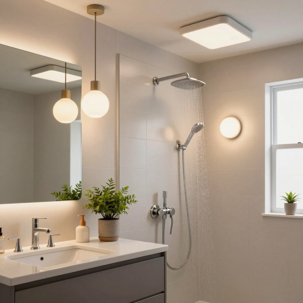 A modern bathroom featuring affordable upgrades, showcasing sleek, contemporary lighting fixtures that enhance the space. In the foreground, a stylish vanity with a large mirror reflects warm, inviting light from stylish pendant lights above, creating a cozy atmosphere. The middle ground displays a beautifully tiled shower area with a rainfall showerhead, while elegant sconces line the wall for additional illumination. Fresh greenery, like a small potted plant, adds a touch of nature. In the background, a light color palette of soft grays and whites complements the modern design. The image is bright and airy, giving a sense of cleanliness and sophistication, taken from a slightly angled perspective to highlight the fixtures and overall layout of the bathroom.