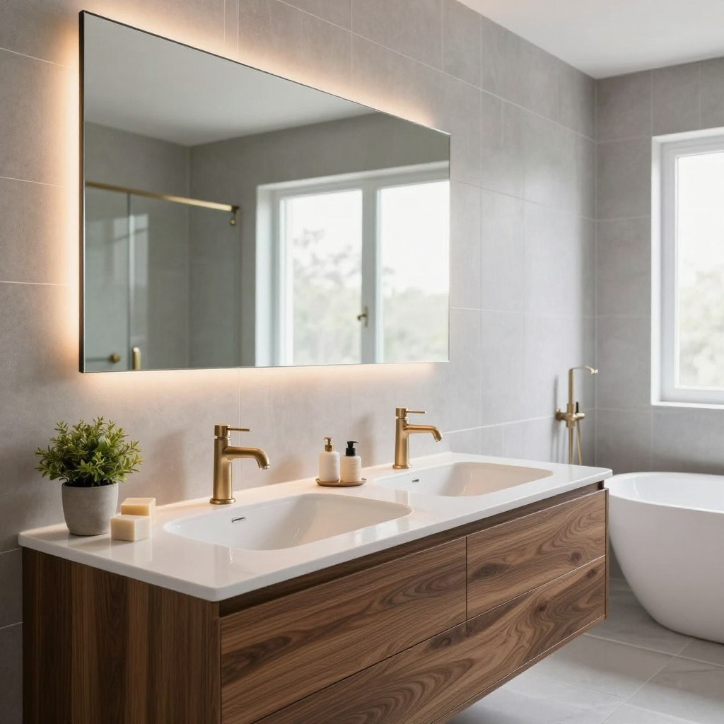 A modern bathroom interior showcasing a stylish vanity installation. In the foreground, a sleek, double-sink vanity with a dark wood finish, adorned with elegant bronze fixtures and a vessel sink, reflects a contemporary aesthetic. The countertop is decorated with minimalistic accessories, such as a small potted plant and artisanal soap. In the middle, a large mirror expands the space, illuminated by soft, warm lights. The background features elegant gray tiles, a freestanding bathtub, and a frosted glass shower door. Natural light washes in from a window, creating a bright, airy atmosphere. The overall mood is inviting and sophisticated, perfect for a fresh bathroom makeover. The image captures the essence of modern design with clean lines and a soothing color palette.