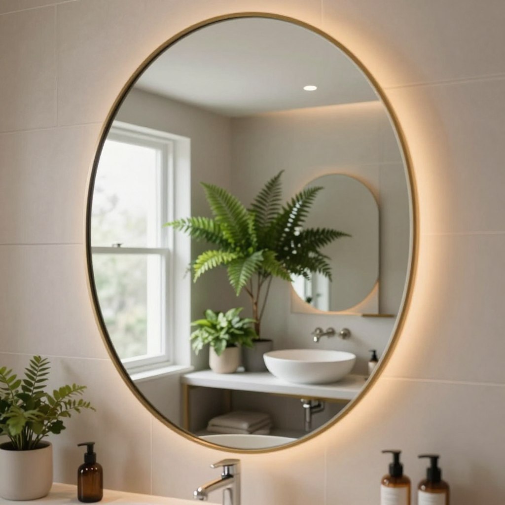 A modern bathroom scene featuring a stylish, updated mirror frame that exudes elegance and sophistication. In the foreground, a sleek oval mirror with a brushed brass frame reflects soft, warm lighting from recessed ceiling lights, enhancing the cleanliness of the space. The middle section showcases a minimalist vanity with a chic vessel sink, surrounded by neutral-toned tiles and lush greenery, such as potted ferns, adding a touch of nature. In the background, a large window allows natural light to filter in, illuminating the bathroom with a bright and airy atmosphere. The overall mood is inviting and serene, suggesting a sense of rejuvenation and modern design aesthetics in a refreshingly bright and organized setting.
