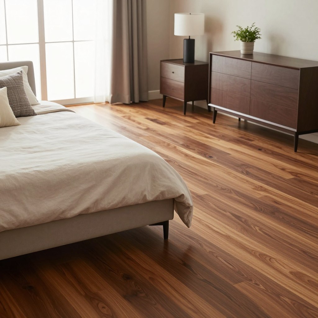 A modern bedroom interior featuring rich espresso wood floors, showcasing a stylish blend of elegance and comfort. In the foreground, a plush queen-sized bed with a minimalist design, adorned with soft, neutral-toned bedding and a few decorative pillows. The middle section includes a sleek nightstand with a modern lamp and a small potted plant, while an understated yet chic dresser complements the room's aesthetic. In the background, large windows allow natural light to flood the space, illuminating the warm tones of the wood floors. The atmosphere is serene and inviting, enhanced by a soft color palette on the walls. Capture this scene with soft focus, highlighting the textures of the wood and fabrics, using a slightly elevated angle to give a sense of spaciousness.