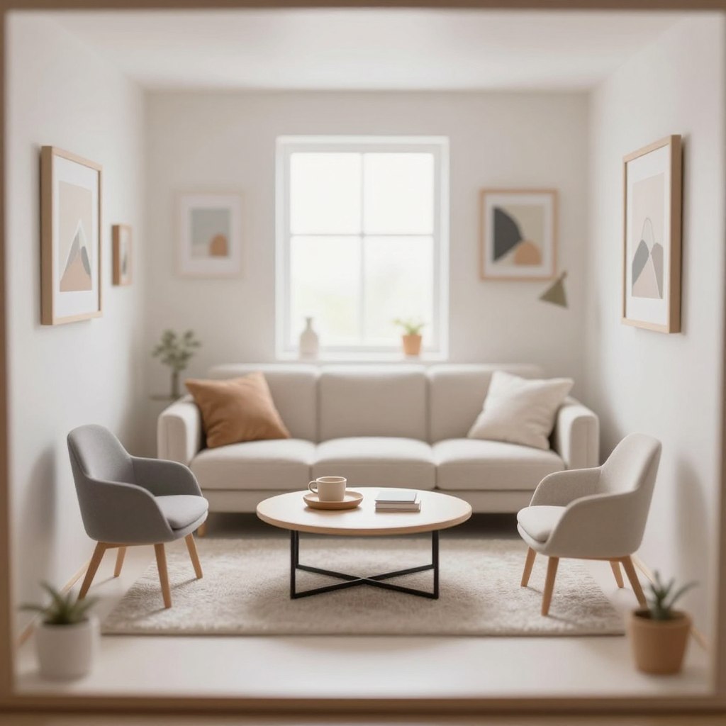 A modern compact living room scene, featuring a professional interior designer sketching a layout on paper while measuring the space with a tape measure. The foreground shows a stylish, minimalist coffee table and a small, scale model of the living room furniture. In the middle, there’s a plush, well-proportioned sofa, paired with sleek accent chairs, creating an inviting atmosphere. The background contains light neutral walls adorned with subtle decor elements like framed artwork, and a bright window illuminating the room with natural light. The scene captures a sense of focus and creativity, emphasizing the balance between functionality and aesthetics in small living spaces, with a warm, welcoming ambiance. Use a soft focus lens effect to enhance the inviting feel of the design process.