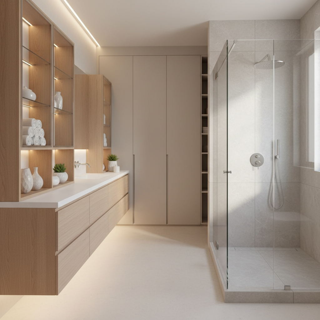 A modern contemporary bathroom design featuring innovative storage solutions. The foreground showcases a sleek vanity with open shelving displaying neatly arranged towels and decorative items. In the middle, a spacious shower area with glass doors reflects natural light, highlighting a minimalist style with subtle tile patterns. The background features custom cabinetry, blending seamlessly with the neutral color palette, enhancing the overall sense of space. Soft, warm lighting illuminates the room, creating a calm and inviting atmosphere. The perspective captures the entire bathroom from an angle that emphasizes both the functionality and aesthetic appeal of the storage solutions, promoting a clutter-free environment. The mood is fresh, organized, and stylish, with no human subjects present.