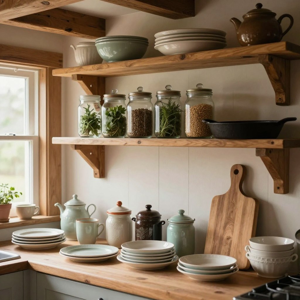 A rustic farmhouse kitchen with open shelving adorned with vintage kitchen décor and accessories. In the foreground, neatly arranged ceramic dishes in soft pastel colors, antique spice jars, and a wooden cutting board display charm. The middle section features an array of glass jars filled with herbs and grains, a cast iron skillet, and a weathered cookbook opened to a page with handwritten notes. The background showcases warm wooden beams and soft, natural light filtering through a nearby window, casting gentle shadows that enhance the cozy atmosphere. The scene evokes a sense of nostalgia and warmth, ideal for a vintage kitchen theme, captured with a soft focus lens to create an inviting and homely feel.