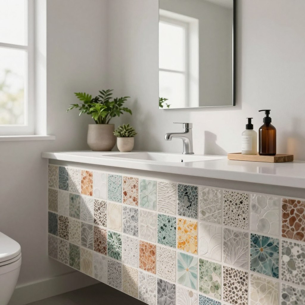 A stylish modern bathroom showcasing affordable upgrades using peel-and-stick tiles. In the foreground, a close-up view of textured, colorful peel-and-stick tiles in various geometric patterns, beautifully arranged on the wall, creating a striking focal point. The middle ground features an elegant vanity with a sleek mirror, contemporary fixtures, and stylish decor elements like potted plants and neatly arranged toiletries. In the background, soft natural light filters through a window, illuminating the space and highlighting the chic tile work. The overall atmosphere is fresh, inviting, and well-organized, emphasizing an affordable yet modern aesthetic. The image captures a sense of creativity and DIY spirit in a bright, minimalist bathroom setting.