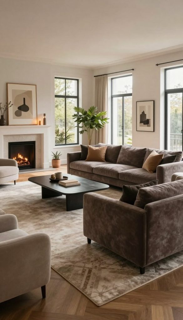 A stylish modern living room featuring a deep seating sofa, crafted from soft, textured fabric, arranged centrally to create an inviting atmosphere. Surround the sofa with plush armchairs, layered rugs, and a chic coffee table design. In the background, add a fireplace with a contemporary mantel and soft lighting to enhance warmth. Use natural light streaming through large windows, casting gentle shadows across the room. Incorporate tasteful decorative elements, like potted plants and artful wall decor, to evoke a cozy yet sophisticated ambiance. The scene should have an inviting, serene mood, perfect for relaxation, with a wide-angle lens perspective that captures the spaciousness of this elegant living area.