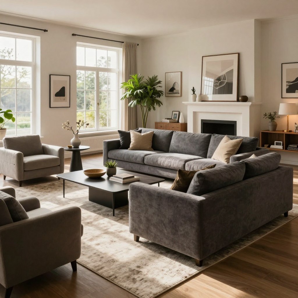 A stylish modern living room featuring a deep seating sofa, crafted from soft, textured fabric, arranged centrally to create an inviting atmosphere. Surround the sofa with plush armchairs, layered rugs, and a chic coffee table design. In the background, add a fireplace with a contemporary mantel and soft lighting to enhance warmth. Use natural light streaming through large windows, casting gentle shadows across the room. Incorporate tasteful decorative elements, like potted plants and artful wall decor, to evoke a cozy yet sophisticated ambiance. The scene should have an inviting, serene mood, perfect for relaxation, with a wide-angle lens perspective that captures the spaciousness of this elegant living area. A stylish modern living room featuring a deep seating sofa, crafted from soft, textured fabric, arranged centrally to create an inviting atmosphere. Surround the sofa with plush armchairs, layered rugs, and a chic coffee table design. In the background, add a fireplace with a contemporary mantel and soft lighting to enhance warmth. Use natural light streaming through large windows, casting gentle shadows across the room. Incorporate tasteful decorative elements, like potted plants and artful wall decor, to evoke a cozy yet sophisticated ambiance. The scene should have an inviting, serene mood, perfect for relaxation, with a wide-angle lens perspective that captures the spaciousness of this elegant living area.