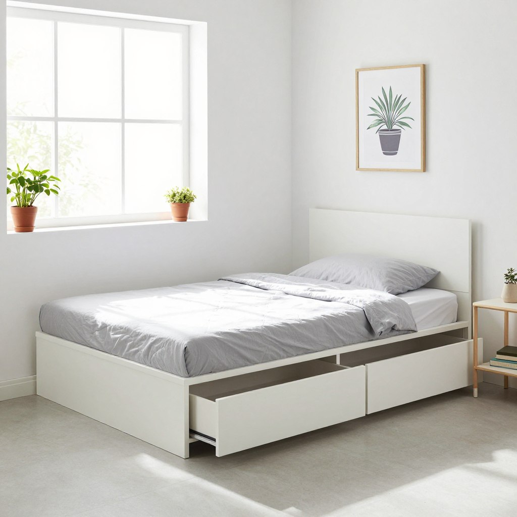 A stylish, modern small bedroom featuring space-saving furniture options including a sleek platform bed and a practical storage bed. In the foreground, highlight the platform bed with a minimalist headboard, adorned with soft neutral-toned bedding and a decorative throw. The middle layer presents the storage bed; its drawers subtly displayed, showcasing organization and functionality. Soft, natural lighting pours through a nearby window, casting gentle shadows and creating a warm, inviting atmosphere. The background reveals tastefully placed decor, such as potted plants and wall art, contributing to a cozy yet uncluttered feel. The room layout emphasizes smart design choices for maximizing space while maintaining an aesthetic appeal. Capture this scene from a slightly elevated angle, emphasizing the depth and arrangement of furniture.