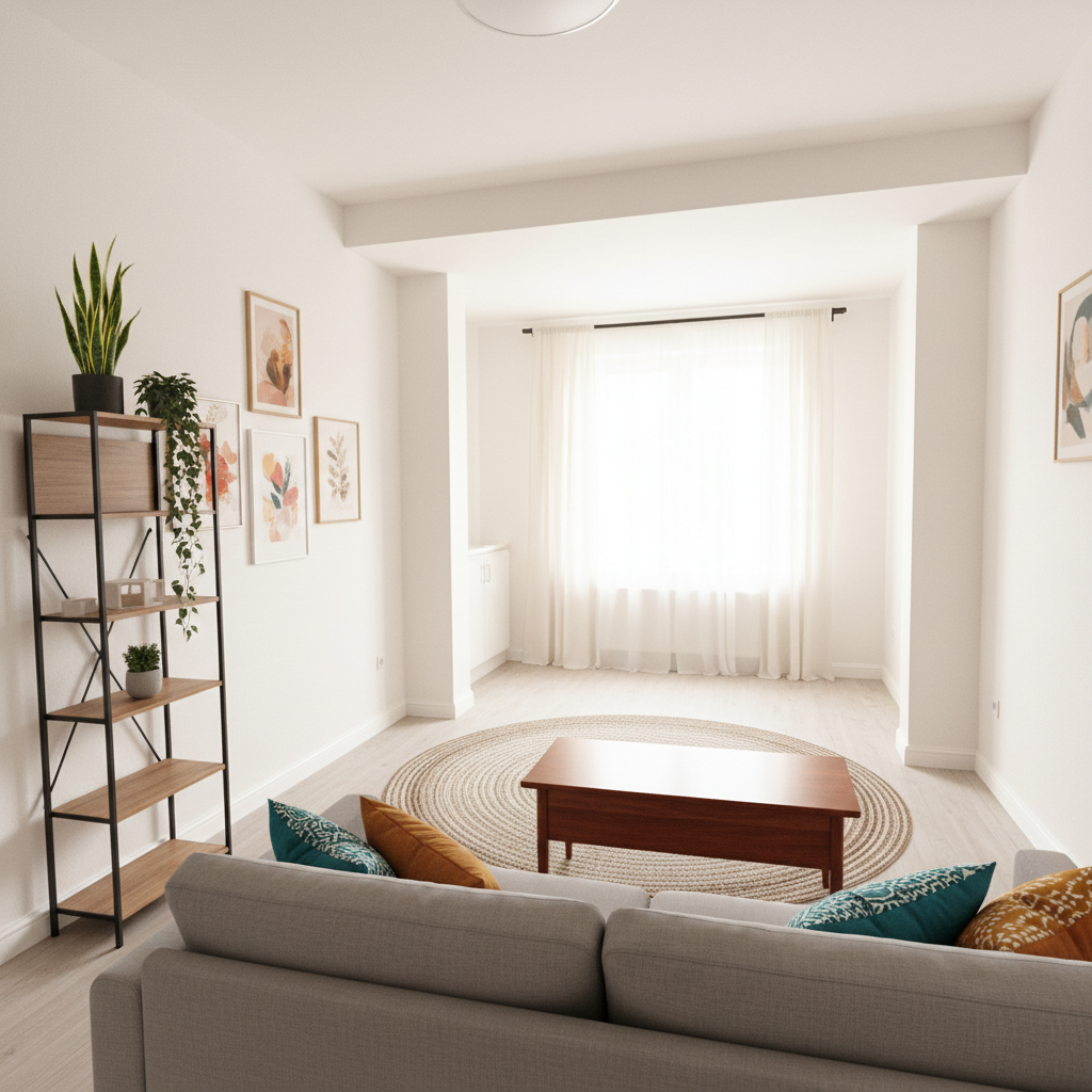 A stylish small living room layout designed for optimal space utilization and clear pathways. In the foreground, a cozy, modern sofa faces a sleek coffee table, promoting easy movement around the room. The middle section features an open floor plan with a strategically placed area rug to define the seating area, while an elegant bookshelf is positioned against the wall, with a few decorative plants for a touch of greenery. The background showcases a bright, airy window allowing natural light to flood in, creating a warm and inviting atmosphere. The room is set in neutral tones with pops of color through cushions and art pieces. Use a wide-angle lens to capture the entire layout from a slightly elevated angle, emphasizing the flow and accessibility of each area.
