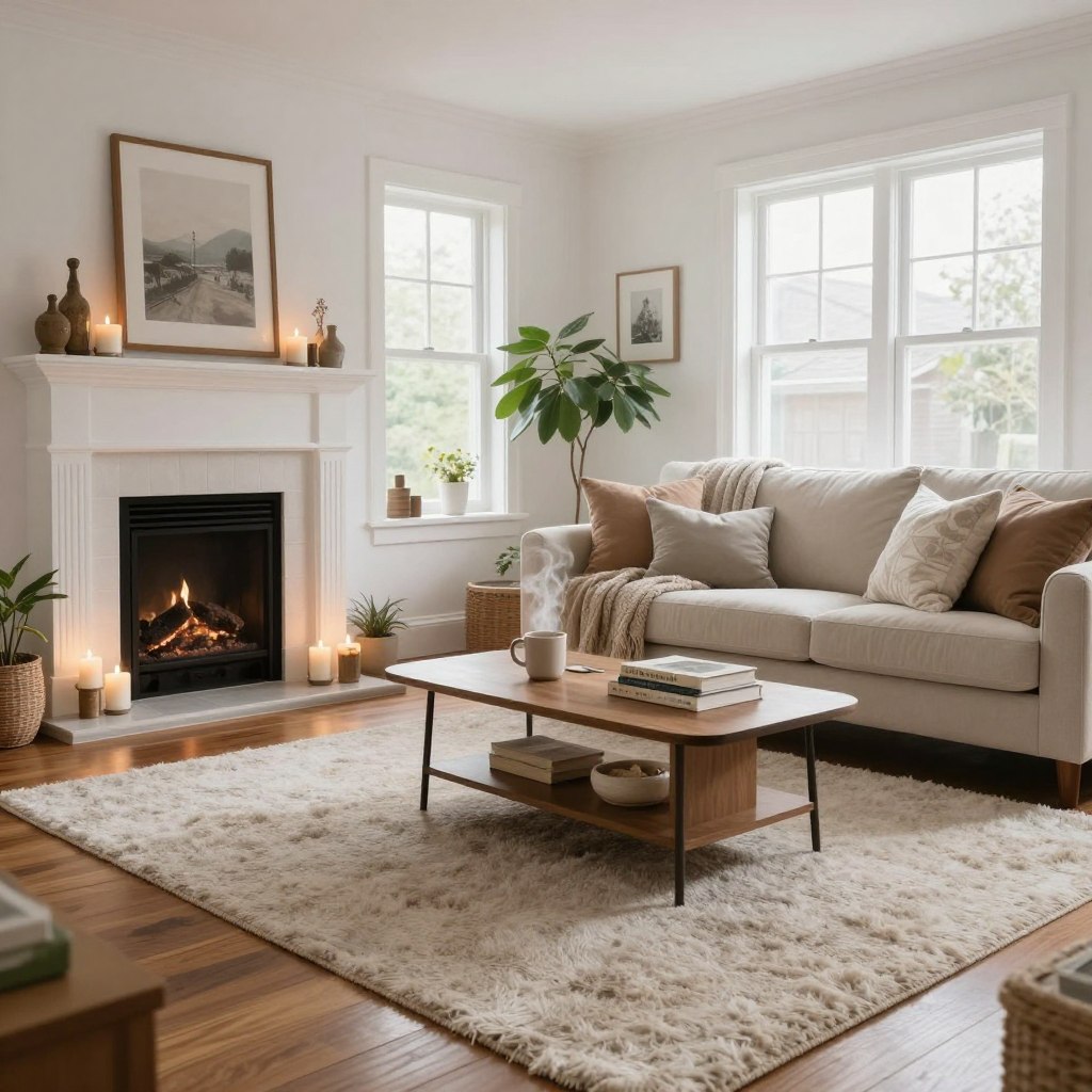 A warm and inviting cozy living room, featuring a focal point of a beautifully styled fireplace adorned with candles and rustic decor. In the foreground, a soft, plush area rug sprawls across rich wooden flooring, providing a welcoming feel. The middle ground showcases a comfortable sofa draped in textured throws and a few plump cushions, complemented by a stylish coffee table that holds a steaming mug and a stack of coffee table books. In the background, large windows allow natural light to flood the space, casting a soft glow across the room, while indoor plants add a touch of greenery. The atmosphere is tranquil and inviting, perfect for relaxation. The scene is captured from an angle that provides depth, emphasizing the warmth and comfort of the space.