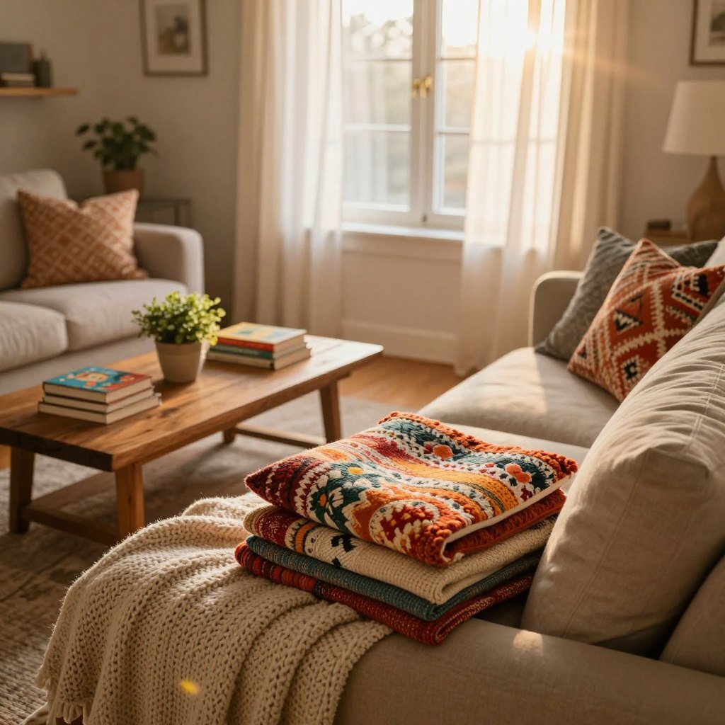 A warm, inviting living room scene showcasing cozy home decorating ideas with textiles and warm blankets. In the foreground, a plush, oversized sofa draped with a soft, knit blanket and scattered with vibrant, patterned throw pillows. The middle layer includes a rustic wooden coffee table adorned with a small potted plant and a stack of colorful, illustrated coffee table books. In the background, a well-lit window reveals sheer curtains gently fluttering in a light breeze, casting a soft glow across the room. Warm, ambient lighting enhances the cozy atmosphere, while a subtle lens flaring adds a dreamy effect. The mood is serene and comforting, encouraging relaxation and a sense of home.