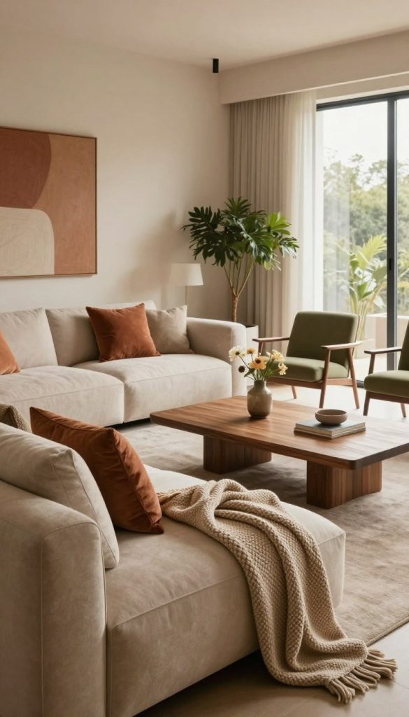 A warm modern interior design featuring a cozy living room, showcasing a harmonious color palette with soft earthy tones like warm beige, muted terracotta, and gentle olive green. In the foreground, a plush, oversized sofa adorned with textured throw pillows and a luxurious knitted blanket invites relaxation. The middle ground includes a stylish wooden coffee table topped with a modern vase containing fresh flowers, complemented by accent chairs that have sleek lines and inviting fabrics. The background highlights a large window allowing natural light to flood in, casting a soft glow across the room. Stylish wall art and indoor plants enhance the atmosphere, creating an inviting, designer feel that embodies comfort and elegance. The scene should evoke warmth and tranquility, capturing the essence of a designer living space.