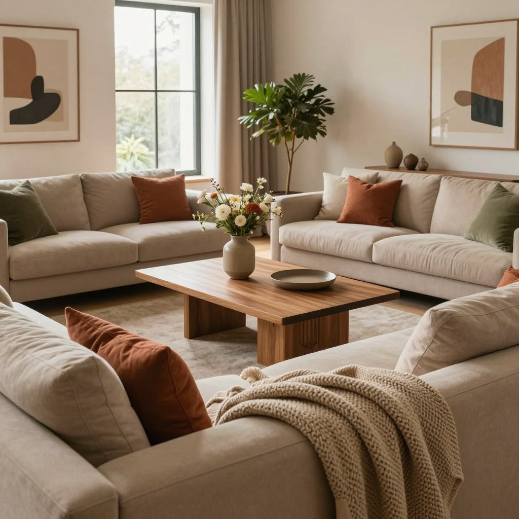 A warm modern interior design featuring a cozy living room, showcasing a harmonious color palette with soft earthy tones like warm beige, muted terracotta, and gentle olive green. In the foreground, a plush, oversized sofa adorned with textured throw pillows and a luxurious knitted blanket invites relaxation. The middle ground includes a stylish wooden coffee table topped with a modern vase containing fresh flowers, complemented by accent chairs that have sleek lines and inviting fabrics. The background highlights a large window allowing natural light to flood in, casting a soft glow across the room. Stylish wall art and indoor plants enhance the atmosphere, creating an inviting, designer feel that embodies comfort and elegance. The scene should evoke warmth and tranquility, capturing the essence of a designer living space. A warm modern interior design featuring a cozy living room, showcasing a harmonious color palette with soft earthy tones like warm beige, muted terracotta, and gentle olive green. In the foreground, a plush, oversized sofa adorned with textured throw pillows and a luxurious knitted blanket invites relaxation. The middle ground includes a stylish wooden coffee table topped with a modern vase containing fresh flowers, complemented by accent chairs that have sleek lines and inviting fabrics. The background highlights a large window allowing natural light to flood in, casting a soft glow across the room. Stylish wall art and indoor plants enhance the atmosphere, creating an inviting, designer feel that embodies comfort and elegance. The scene should evoke warmth and tranquility, capturing the essence of a designer living space.