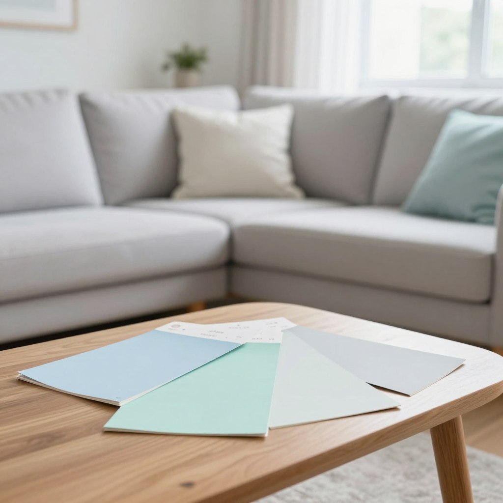 A well-organized interior of a small living room featuring a selection of light colors for paint that create an illusion of spaciousness. In the foreground, swatches of soft pastel colors like pale blue, mint green, and light gray are displayed on a stylish wooden coffee table. The middle ground includes a cozy, modern sofa adorned with light-colored cushions, positioned to allow flow and openness. In the background, a bright window allows natural sunlight to flood the room, enhancing the airy feel. Use a soft focus lens effect to convey a dreamy atmosphere, ensuring the light colors pop in the daylight. The overall mood is serene and inviting, emphasizing how the right color palette can transform a small space into a larger, welcoming environment.