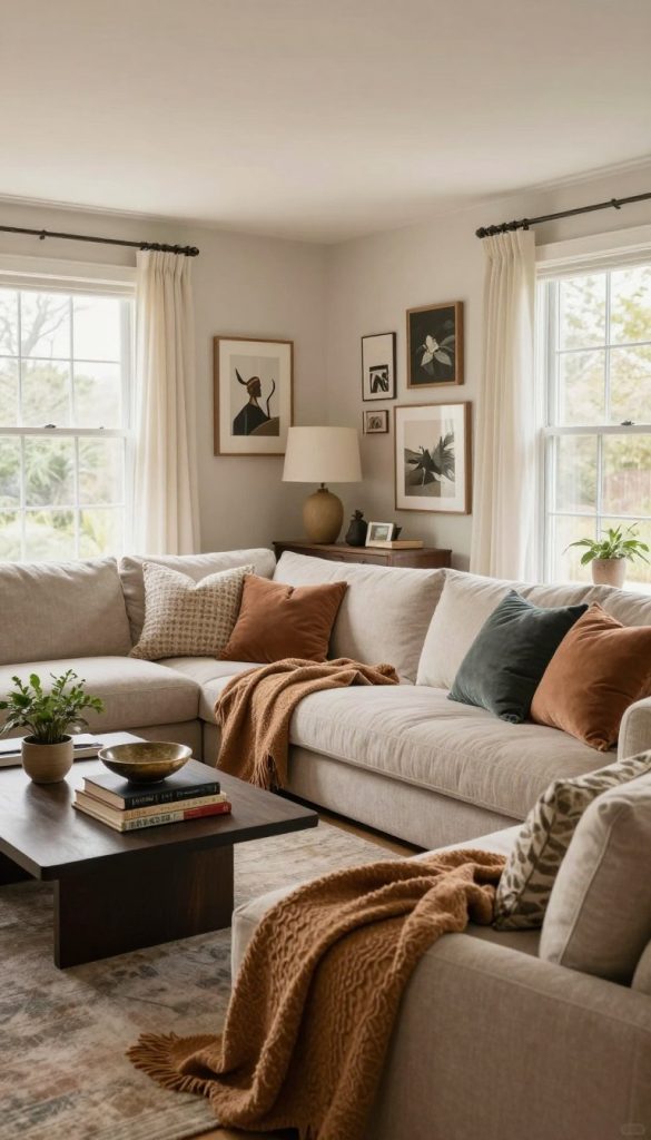 Cozy contemporary living room featuring a mix of comfortable furniture and personal art pieces. In the foreground, a plush, oversized sofa adorned with textured cushions and a warm throw blanket. To the side, a coffee table displays family heirlooms: vintage books, a decorative bowl, and a small plant. The middle layer includes a wall with eclectic artwork, showcasing personal touches that reflect the owner's personality. Large windows in the background allow soft, natural light to flood in, creating a warm ambiance. The color palette consists of earthy tones mixed with pastel accents, enhancing the inviting atmosphere. The scene is captured with a slightly wide-angle lens to encompass the spaciousness, evoking a sense of relaxation and style in this modern living space.