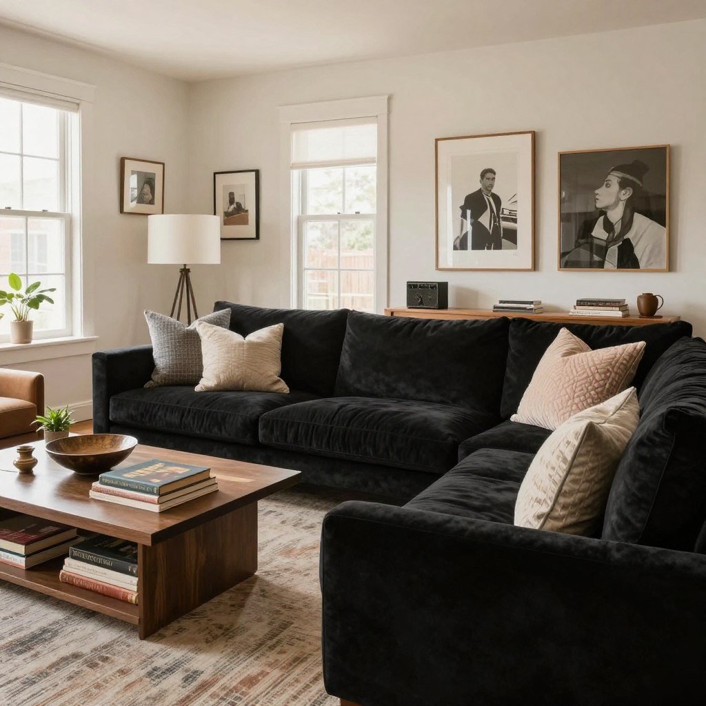 Cozy contemporary living room featuring a mix of comfortable furniture and personal art pieces. In the foreground, a plush, oversized sofa adorned with textured cushions and a warm throw blanket. To the side, a coffee table displays family heirlooms: vintage books, a decorative bowl, and a small plant. The middle layer includes a wall with eclectic artwork, showcasing personal touches that reflect the owner's personality. Large windows in the background allow soft, natural light to flood in, creating a warm ambiance. The color palette consists of earthy tones mixed with pastel accents, enhancing the inviting atmosphere. The scene is captured with a slightly wide-angle lens to encompass the spaciousness, evoking a sense of relaxation and style in this modern living space. Cozy contemporary living room featuring a mix of comfortable furniture and personal art pieces. In the foreground, a plush, oversized sofa adorned with textured cushions and a warm throw blanket. To the side, a coffee table displays family heirlooms: vintage books, a decorative bowl, and a small plant. The middle layer includes a wall with eclectic artwork, showcasing personal touches that reflect the owner's personality. Large windows in the background allow soft, natural light to flood in, creating a warm ambiance. The color palette consists of earthy tones mixed with pastel accents, enhancing the inviting atmosphere. The scene is captured with a slightly wide-angle lens to encompass the spaciousness, evoking a sense of relaxation and style in this modern living space.