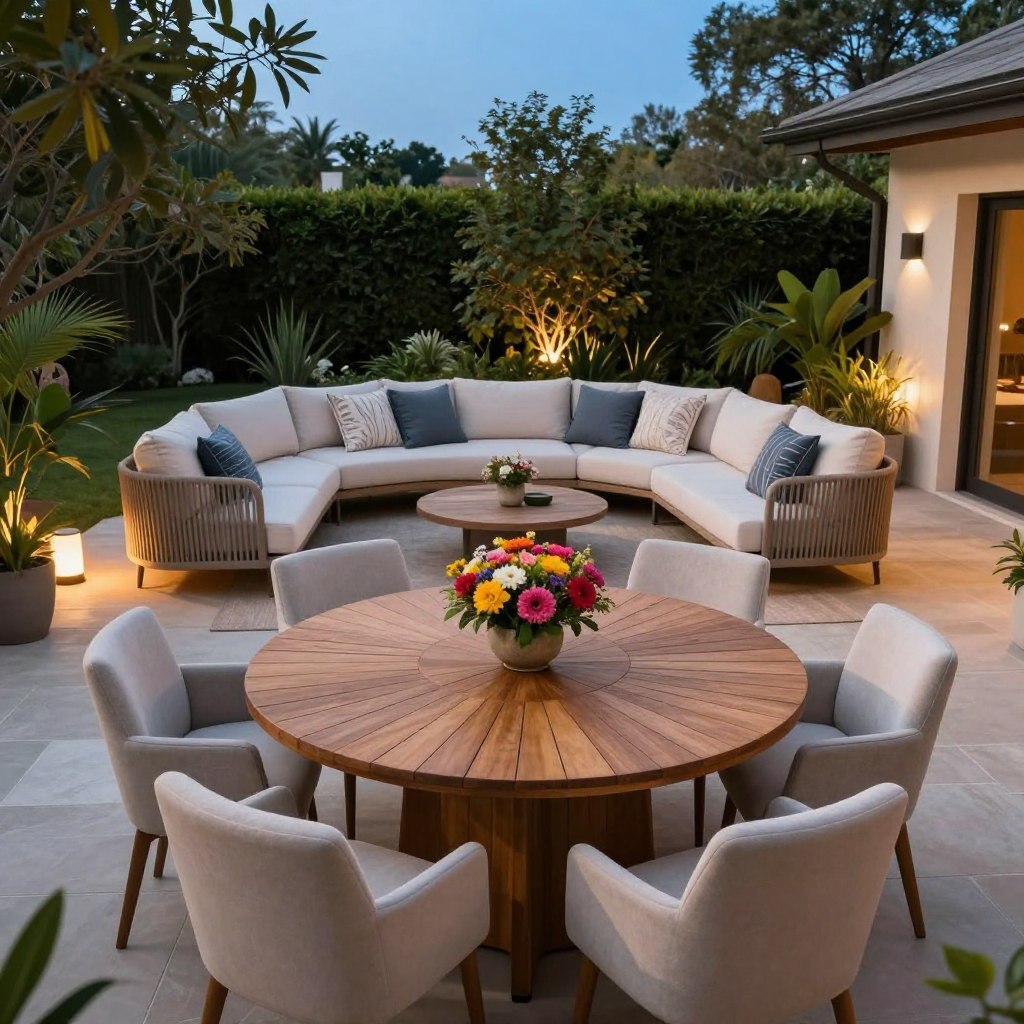 A beautifully arranged outdoor patio featuring cozy furniture perfect for entertaining. In the foreground, a circular wooden dining table surrounded by eight plush, weather-resistant chairs in soft neutral tones. Centered on the table, a vibrant centerpiece of colorful flowers adds a pop of color. In the middle ground, a comfortable seating area with a stylish L-shaped sectional sofa adorned with decorative cushions and a low coffee table. Soft, ambient outdoor lighting creates a warm, inviting atmosphere. The background showcases lush greenery and a clear blue sky, enhancing the serene outdoor setting. The scene is captured from a slight aerial angle to provide a comprehensive view of the entire arrangement, emphasizing comfort and sociability. A beautifully arranged outdoor patio featuring cozy furniture perfect for entertaining. In the foreground, a circular wooden dining table surrounded by eight plush, weather-resistant chairs in soft neutral tones. Centered on the table, a vibrant centerpiece of colorful flowers adds a pop of color. In the middle ground, a comfortable seating area with a stylish L-shaped sectional sofa adorned with decorative cushions and a low coffee table. Soft, ambient outdoor lighting creates a warm, inviting atmosphere. The background showcases lush greenery and a clear blue sky, enhancing the serene outdoor setting. The scene is captured from a slight aerial angle to provide a comprehensive view of the entire arrangement, emphasizing comfort and sociability.