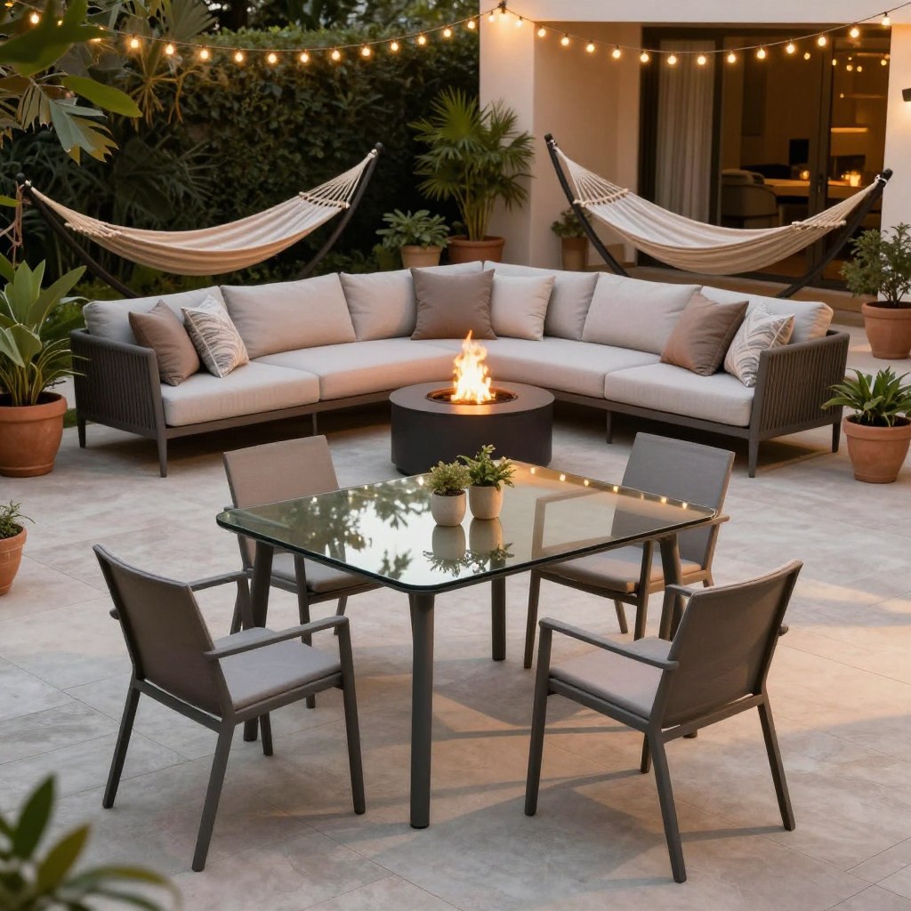 A beautifully arranged patio scene showcasing a variety of modern outdoor furniture pieces suitable for different styles and budgets. In the foreground, a sleek, minimalist dining set with a glass table and comfortable chairs made of weather-resistant materials. In the middle ground, an inviting lounge area with a sectional sofa adorned with plush cushions, accompanied by a stylish fire pit, surrounded by potted plants for a touch of greenery. The background features a cozy corner with a hammock and fairy lights strung overhead, creating a warm ambiance. Soft, natural lighting casts gentle shadows, enhancing the relaxed atmosphere. The overall mood is inviting and stylish, perfect for outdoor gatherings or quiet relaxation. A beautifully arranged patio scene showcasing a variety of modern outdoor furniture pieces suitable for different styles and budgets. In the foreground, a sleek, minimalist dining set with a glass table and comfortable chairs made of weather-resistant materials. In the middle ground, an inviting lounge area with a sectional sofa adorned with plush cushions, accompanied by a stylish fire pit, surrounded by potted plants for a touch of greenery. The background features a cozy corner with a hammock and fairy lights strung overhead, creating a warm ambiance. Soft, natural lighting casts gentle shadows, enhancing the relaxed atmosphere. The overall mood is inviting and stylish, perfect for outdoor gatherings or quiet relaxation.