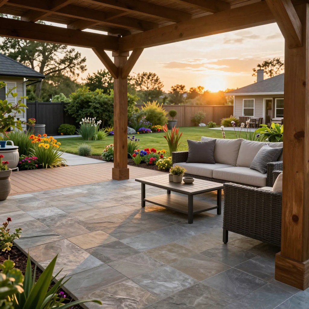 A beautifully designed backyard patio featuring a variety of durable materials suitable for outdoor living, including weather-resistant stone tiles, composite decking, and sturdy wooden beams. In the foreground, showcase an inviting seating area with comfortable outdoor furniture, accent pillows, and a stylish coffee table. The middle ground displays a lush garden with vibrant flowers and greenery, seamlessly integrating with the patio. In the background, a serene view of the sunset casts a warm, golden light over the space, creating an inviting atmosphere. Capture the scene from a slightly elevated angle to highlight both the patio layout and the surrounding landscape. Aim for a soft focus on the edges to enhance the inviting feel, while maintaining clarity on the materials and textures. A beautifully designed backyard patio featuring a variety of durable materials suitable for outdoor living, including weather-resistant stone tiles, composite decking, and sturdy wooden beams. In the foreground, showcase an inviting seating area with comfortable outdoor furniture, accent pillows, and a stylish coffee table. The middle ground displays a lush garden with vibrant flowers and greenery, seamlessly integrating with the patio. In the background, a serene view of the sunset casts a warm, golden light over the space, creating an inviting atmosphere. Capture the scene from a slightly elevated angle to highlight both the patio layout and the surrounding landscape. Aim for a soft focus on the edges to enhance the inviting feel, while maintaining clarity on the materials and textures.