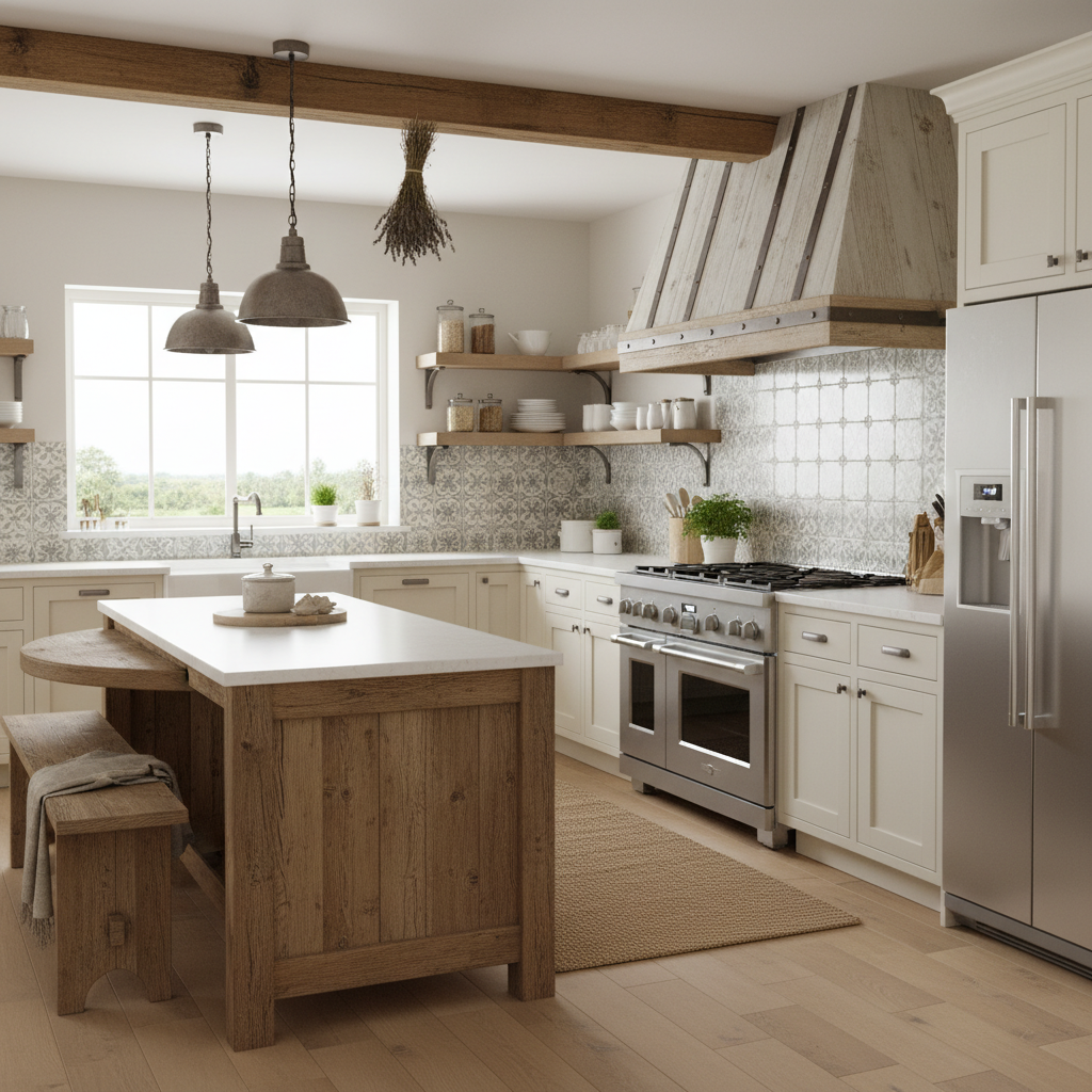 A beautifully designed farmhouse kitchen featuring various stylish backsplash installations. In the foreground, a rustic wooden countertop adorned with kitchen essentials, such as jars of spices and fresh herbs. The middle section showcases a stunning array of backsplash styles, including white subway tiles, reclaimed wood, and intricate patterned ceramic tiles, all harmonizing with the farmhouse theme. In the background, warm, natural light streams through a window, illuminating the space and creating an inviting atmosphere. The kitchen is designed in soft, earthy tones, with vintage accents like a cast iron stove and hanging pots. The scene captures a cozy, DIY-friendly vibe, ideal for illustrating farmhouse backsplash ideas in a practical and appealing way. A beautifully designed farmhouse kitchen featuring various stylish backsplash installations. In the foreground, a rustic wooden countertop adorned with kitchen essentials, such as jars of spices and fresh herbs. The middle section showcases a stunning array of backsplash styles, including white subway tiles, reclaimed wood, and intricate patterned ceramic tiles, all harmonizing with the farmhouse theme. In the background, warm, natural light streams through a window, illuminating the space and creating an inviting atmosphere. The kitchen is designed in soft, earthy tones, with vintage accents like a cast iron stove and hanging pots. The scene captures a cozy, DIY-friendly vibe, ideal for illustrating farmhouse backsplash ideas in a practical and appealing way.