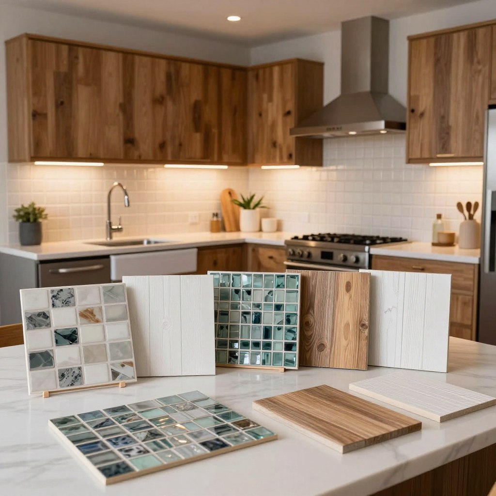 A beautifully designed kitchen showcasing a variety of affordable backsplash options for budget renovations. In the foreground, display a table with an array of sample backsplash materials, including peel-and-stick vinyl tiles, mosaic glass, and painted wood panels. The middle ground features a stylish kitchen with a modern aesthetic, highlighting these budget-friendly backsplashes installed behind the sink and stove area. The background consists of warm, soft lighting that casts a welcoming glow over the kitchen, with rustic wooden cabinets and minimalist decor. The image captures a harmonious and inviting atmosphere, perfect for inspiring creativity in kitchen design. Use a wide-angle lens for an expansive view, and ensure the scene is both well-lit and visually cohesive. A beautifully designed kitchen showcasing a variety of affordable backsplash options for budget renovations. In the foreground, display a table with an array of sample backsplash materials, including peel-and-stick vinyl tiles, mosaic glass, and painted wood panels. The middle ground features a stylish kitchen with a modern aesthetic, highlighting these budget-friendly backsplashes installed behind the sink and stove area. The background consists of warm, soft lighting that casts a welcoming glow over the kitchen, with rustic wooden cabinets and minimalist decor. The image captures a harmonious and inviting atmosphere, perfect for inspiring creativity in kitchen design. Use a wide-angle lens for an expansive view, and ensure the scene is both well-lit and visually cohesive.