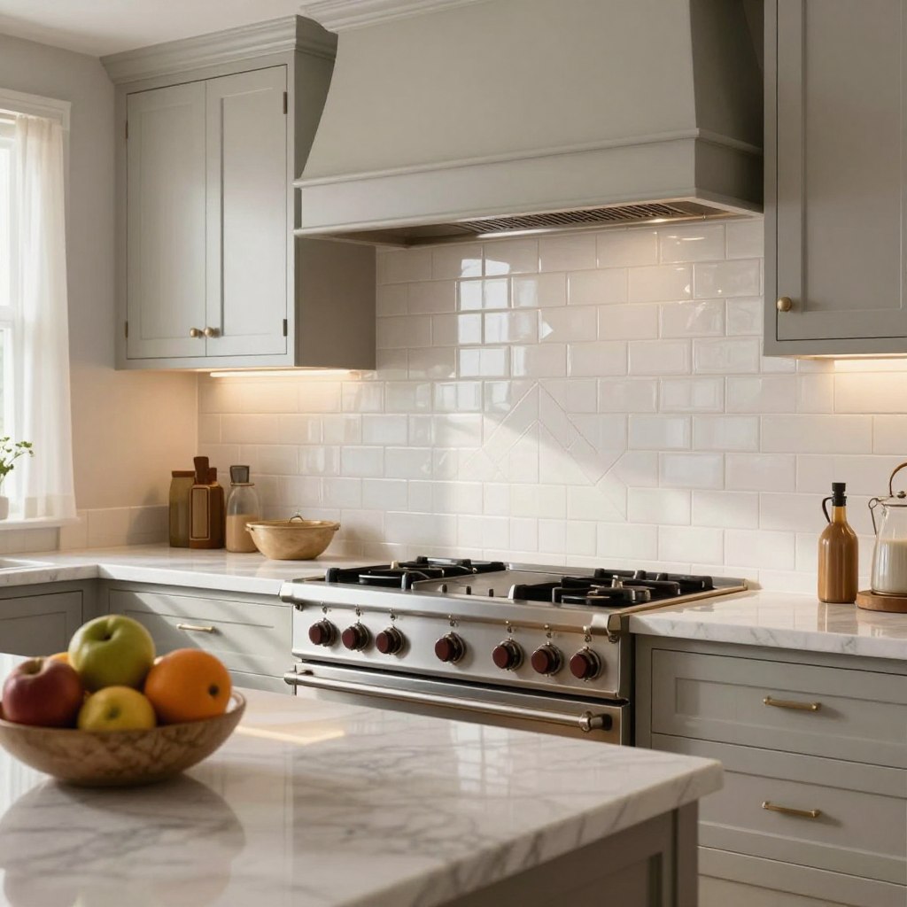A classic kitchen featuring a stunning subway tile backsplash, highlighting glossy white tiles arranged in a stylish herringbone pattern. The foreground includes a polished marble countertop topped with a bowl of fresh fruits, offering a pop of color. In the middle ground, a vintage-style stainless steel stove and elegant cabinetry complement the timeless aesthetic, bathed in warm, soft lighting that enhances the inviting atmosphere. The background showcases subtle hints of natural light filtering through a window adorned with sheer curtains, illuminating the entire space. Captured with a wide-angle lens to emphasize depth, the image creates a serene and welcoming mood, perfect for inspiring classic home designs centered around the beauty of subway tiles. A classic kitchen featuring a stunning subway tile backsplash, highlighting glossy white tiles arranged in a stylish herringbone pattern. The foreground includes a polished marble countertop topped with a bowl of fresh fruits, offering a pop of color. In the middle ground, a vintage-style stainless steel stove and elegant cabinetry complement the timeless aesthetic, bathed in warm, soft lighting that enhances the inviting atmosphere. The background showcases subtle hints of natural light filtering through a window adorned with sheer curtains, illuminating the entire space. Captured with a wide-angle lens to emphasize depth, the image creates a serene and welcoming mood, perfect for inspiring classic home designs centered around the beauty of subway tiles.