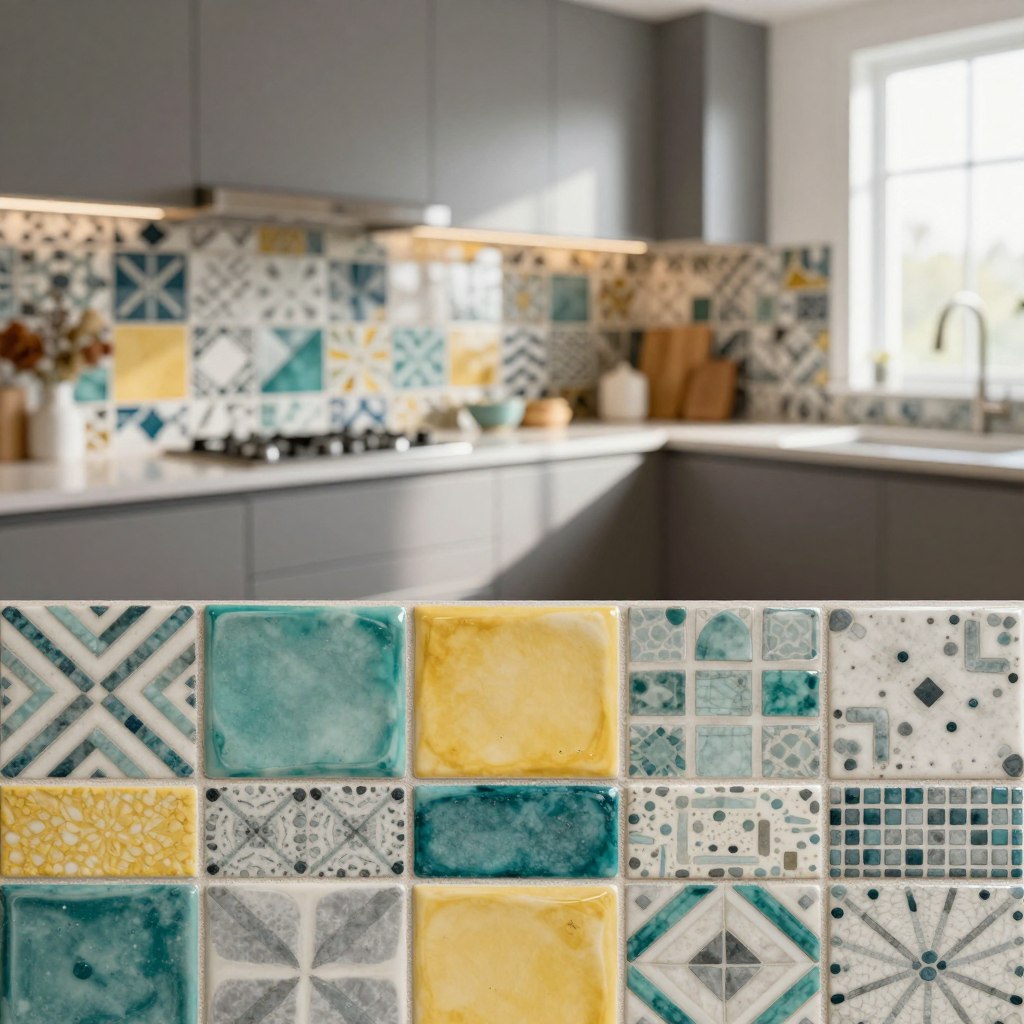 A collection of creative backsplash tile patterns designed for modern kitchens, showcasing various styles. In the foreground, display a close-up of textured ceramic tiles with geometric, chevron, and mosaic patterns in vibrant colors like teal, yellow, and gray. The middle section features a stylish kitchen with gleaming countertops, sleek cabinetry, and beautifully arranged tiles reflecting diverse designs, creating a harmonious visual flow. In the background, natural light streams through a window, illuminating the space and enhancing the warm, inviting atmosphere. Utilize a soft focus lens for a dreamy effect while maintaining clarity on the tile details. The overall mood evokes creativity and elegance, inspiring viewers with unique design ideas. A collection of creative backsplash tile patterns designed for modern kitchens, showcasing various styles. In the foreground, display a close-up of textured ceramic tiles with geometric, chevron, and mosaic patterns in vibrant colors like teal, yellow, and gray. The middle section features a stylish kitchen with gleaming countertops, sleek cabinetry, and beautifully arranged tiles reflecting diverse designs, creating a harmonious visual flow. In the background, natural light streams through a window, illuminating the space and enhancing the warm, inviting atmosphere. Utilize a soft focus lens for a dreamy effect while maintaining clarity on the tile details. The overall mood evokes creativity and elegance, inspiring viewers with unique design ideas.