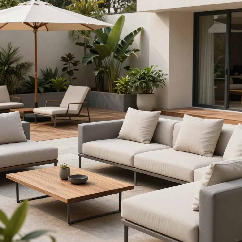 A contemporary patio design featuring minimalist furniture with sleek lines in neutral colors like beige, gray, and cream. In the foreground, a low-profile sectional sofa adorned with soft cushions, complemented by a simple wooden coffee table. To the side, a stylish lounge chair with a geometric design. The middle ground showcases potted plants with lush greenery, adding a touch of nature to the modern aesthetics. In the background, a stylish umbrella provides shade, while a wooden deck creates a cohesive and inviting look. Soft, natural lighting enhances the ambiance, casting gentle shadows. Capture the scene from a slightly elevated angle to provide depth, highlighting the tranquility and elegance of modern outdoor living spaces. A contemporary patio design featuring minimalist furniture with sleek lines in neutral colors like beige, gray, and cream. In the foreground, a low-profile sectional sofa adorned with soft cushions, complemented by a simple wooden coffee table. To the side, a stylish lounge chair with a geometric design. The middle ground showcases potted plants with lush greenery, adding a touch of nature to the modern aesthetics. In the background, a stylish umbrella provides shade, while a wooden deck creates a cohesive and inviting look. Soft, natural lighting enhances the ambiance, casting gentle shadows. Capture the scene from a slightly elevated angle to provide depth, highlighting the tranquility and elegance of modern outdoor living spaces.