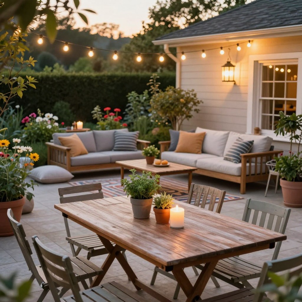 A cozy outdoor entertaining space designed for affordability, featuring a small, stylish patio with budget-friendly decor. In the foreground, a wooden table set with mismatched chairs, adorned with simple yet cheerful centerpieces of potted herbs and candles. The middle section showcases a sleek outdoor rug, comfortable cushions on the seating area, and string lights overhead, casting a warm, inviting glow. The background reveals a green garden with vibrant flowers, creating a serene atmosphere. The scene is illuminated by soft, golden hour lighting, giving it a welcoming, relaxing vibe. Capture the essence of a friendly gathering space perfect for casual get-togethers, without any human subjects present. Use a wide-angle lens to convey depth, focusing on the harmony of colors and textures in the design. A cozy outdoor entertaining space designed for affordability, featuring a small, stylish patio with budget-friendly decor. In the foreground, a wooden table set with mismatched chairs, adorned with simple yet cheerful centerpieces of potted herbs and candles. The middle section showcases a sleek outdoor rug, comfortable cushions on the seating area, and string lights overhead, casting a warm, inviting glow. The background reveals a green garden with vibrant flowers, creating a serene atmosphere. The scene is illuminated by soft, golden hour lighting, giving it a welcoming, relaxing vibe. Capture the essence of a friendly gathering space perfect for casual get-togethers, without any human subjects present. Use a wide-angle lens to convey depth, focusing on the harmony of colors and textures in the design.