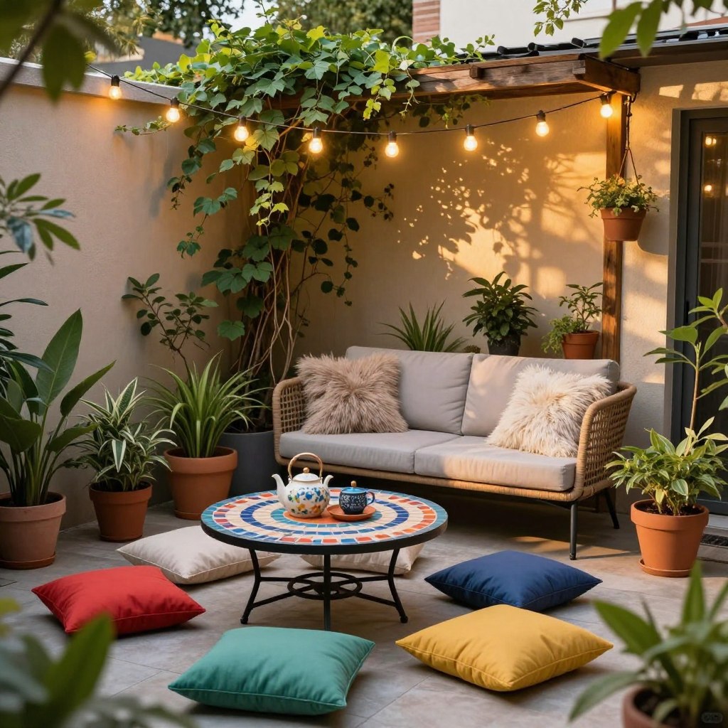 A cozy small patio with creative decorating ideas for outdoor living, showcasing a mix of vibrant potted plants and stylish outdoor furniture. In the foreground, a circular mosaic table adorned with colorful cushions and a teapot set invites relaxation. The middle ground features a small seating area with a sleek, modern wicker sofa complemented by fluffy throw pillows, surrounded by hanging fairy lights that create a warm ambiance. In the background, a wooden trellis supports climbing vines, adding greenery and texture. The lighting is soft and golden, reminiscent of a late afternoon sun, casting gentle shadows and enhancing the inviting atmosphere. The scene is peaceful and stylish, perfect for outdoor gatherings. A cozy small patio with creative decorating ideas for outdoor living, showcasing a mix of vibrant potted plants and stylish outdoor furniture. In the foreground, a circular mosaic table adorned with colorful cushions and a teapot set invites relaxation. The middle ground features a small seating area with a sleek, modern wicker sofa complemented by fluffy throw pillows, surrounded by hanging fairy lights that create a warm ambiance. In the background, a wooden trellis supports climbing vines, adding greenery and texture. The lighting is soft and golden, reminiscent of a late afternoon sun, casting gentle shadows and enhancing the inviting atmosphere. The scene is peaceful and stylish, perfect for outdoor gatherings.