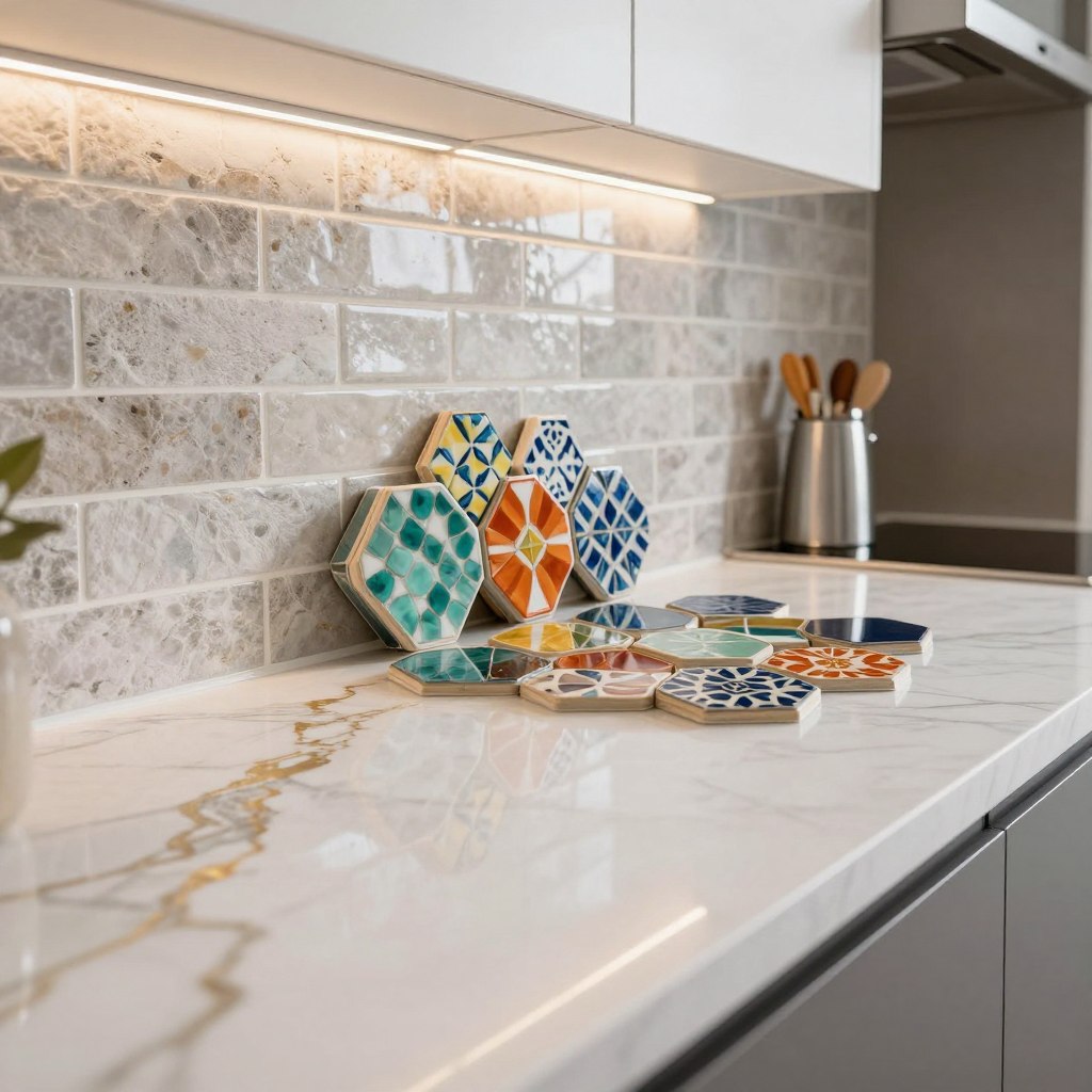 A modern kitchen showcasing a stylish collection of trendy backsplash materials, including glossy subway tiles, textured stone, and vibrant patterned ceramics. The foreground features a close-up of a chic white marble backsplash with gold veining, emphasizing its luxurious texture and shine. In the middle, a selection of colorful mosaic tiles and hexagonal shapes lies elegantly arranged on a clean countertop, demonstrating diverse design options. The background displays a well-lit kitchen with sleek cabinetry and stainless steel appliances, creating a harmonious blend of modern design elements. Soft, natural lighting bathes the scene, reflecting off the surfaces and creating an inviting atmosphere. Capture this image from a slightly angled perspective, ensuring it feels both professional and inspiring for those seeking kitchen design ideas. A modern kitchen showcasing a stylish collection of trendy backsplash materials, including glossy subway tiles, textured stone, and vibrant patterned ceramics. The foreground features a close-up of a chic white marble backsplash with gold veining, emphasizing its luxurious texture and shine. In the middle, a selection of colorful mosaic tiles and hexagonal shapes lies elegantly arranged on a clean countertop, demonstrating diverse design options. The background displays a well-lit kitchen with sleek cabinetry and stainless steel appliances, creating a harmonious blend of modern design elements. Soft, natural lighting bathes the scene, reflecting off the surfaces and creating an inviting atmosphere. Capture this image from a slightly angled perspective, ensuring it feels both professional and inspiring for those seeking kitchen design ideas.
