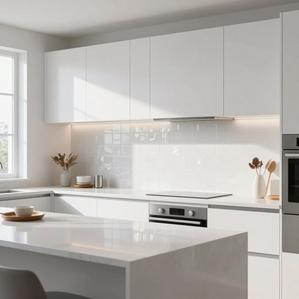 A modern white kitchen featuring a stunning backsplash with a glossy finish that reflects light beautifully. The foreground showcases a sleek countertop with minimalist accessories, while the middle ground emphasizes the eye-catching white backsplash, adorned with subtle textures or tile patterns that add depth. The background reveals clean white cabinets and stainless-steel appliances, enhancing the contemporary aesthetic. Soft, natural light floods the space through a nearby window, casting gentle shadows and highlighting the polished surfaces. The overall mood is bright, inviting, and stylish, perfect for a chic culinary setting. The angle captures the entire kitchen layout, giving viewers a clear glimpse of the harmonious blend of colors and design elements. A modern white kitchen featuring a stunning backsplash with a glossy finish that reflects light beautifully. The foreground showcases a sleek countertop with minimalist accessories, while the middle ground emphasizes the eye-catching white backsplash, adorned with subtle textures or tile patterns that add depth. The background reveals clean white cabinets and stainless-steel appliances, enhancing the contemporary aesthetic. Soft, natural light floods the space through a nearby window, casting gentle shadows and highlighting the polished surfaces. The overall mood is bright, inviting, and stylish, perfect for a chic culinary setting. The angle captures the entire kitchen layout, giving viewers a clear glimpse of the harmonious blend of colors and design elements.