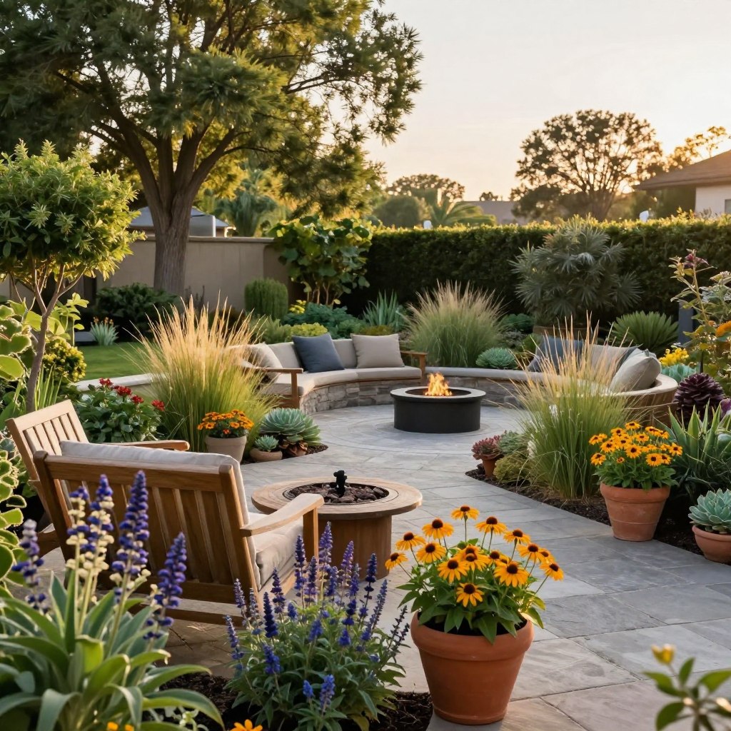 A serene landscape patio design featuring native plants and lush greenery, enhancing curb appeal. In the foreground, a beautifully arranged patio with wooden furniture, adorned with vibrant native flowering plants like salvia and coneflowers in terracotta pots. The middle ground showcases a smoothly paved stone pathway leading to a cozy fire pit, surrounded by ornamental grasses and succulents, promoting a warm, inviting atmosphere. In the background, stately trees and a low garden wall, creating privacy and a sense of tranquility. The scene is illuminated by soft, golden sunlight during the golden hour, with a focus that evokes a peaceful, natural ambiance. Capture this scene with a wide-angle lens from a slightly elevated perspective to emphasize the lushness and design harmony. A serene landscape patio design featuring native plants and lush greenery, enhancing curb appeal. In the foreground, a beautifully arranged patio with wooden furniture, adorned with vibrant native flowering plants like salvia and coneflowers in terracotta pots. The middle ground showcases a smoothly paved stone pathway leading to a cozy fire pit, surrounded by ornamental grasses and succulents, promoting a warm, inviting atmosphere. In the background, stately trees and a low garden wall, creating privacy and a sense of tranquility. The scene is illuminated by soft, golden sunlight during the golden hour, with a focus that evokes a peaceful, natural ambiance. Capture this scene with a wide-angle lens from a slightly elevated perspective to emphasize the lushness and design harmony.