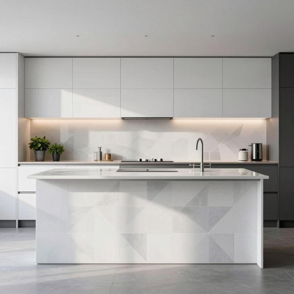 A sleek and modern kitchen interior showcasing minimalist backsplash designs with clean lines. In the foreground, a polished, geometric patterned backsplash made of white and gray tiles reflects natural light, emphasizing their contemporary aesthetic. The middle section features a sophisticated countertop with potted herbs, stainless steel appliances, and subtle decor elements, all contributing to a unified color palette of whites, blacks, and greys. The background includes soft cabinetry with minimalist handles and ambient under-cabinet lighting that creates a warm, inviting environment. A wide-angle perspective captures the entire scene, conveying a sense of spaciousness and elegance. The overall mood is serene and stylish, perfect for showcasing modern kitchen decor. A sleek and modern kitchen interior showcasing minimalist backsplash designs with clean lines. In the foreground, a polished, geometric patterned backsplash made of white and gray tiles reflects natural light, emphasizing their contemporary aesthetic. The middle section features a sophisticated countertop with potted herbs, stainless steel appliances, and subtle decor elements, all contributing to a unified color palette of whites, blacks, and greys. The background includes soft cabinetry with minimalist handles and ambient under-cabinet lighting that creates a warm, inviting environment. A wide-angle perspective captures the entire scene, conveying a sense of spaciousness and elegance. The overall mood is serene and stylish, perfect for showcasing modern kitchen decor.