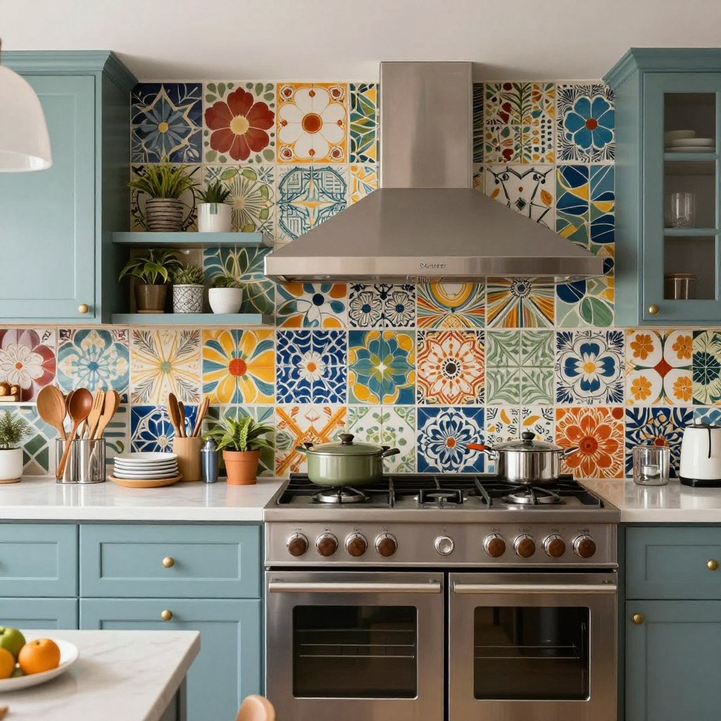 A vibrant kitchen interior showcasing an array of colorful backsplash designs. In the foreground, detailed close-ups of various tile patterns featuring bold hues like turquoise, sunny yellow, and coral pink, arranged in geometric shapes and creative mosaics. The middle layer features a sleek modern countertop with decorative utensils and fresh herbs, harmonizing with the lively backsplashes. The background highlights an elegantly designed kitchen with soft, natural lighting streaming through a large window, enhancing the warmth and vibrancy of the colors. The atmosphere is inviting and cheerful, inspiring creativity in kitchen design. The perspective is taken from a slightly elevated angle, capturing the dynamic interplay of colors and textures. A vibrant kitchen interior showcasing an array of colorful backsplash designs. In the foreground, detailed close-ups of various tile patterns featuring bold hues like turquoise, sunny yellow, and coral pink, arranged in geometric shapes and creative mosaics. The middle layer features a sleek modern countertop with decorative utensils and fresh herbs, harmonizing with the lively backsplashes. The background highlights an elegantly designed kitchen with soft, natural lighting streaming through a large window, enhancing the warmth and vibrancy of the colors. The atmosphere is inviting and cheerful, inspiring creativity in kitchen design. The perspective is taken from a slightly elevated angle, capturing the dynamic interplay of colors and textures.