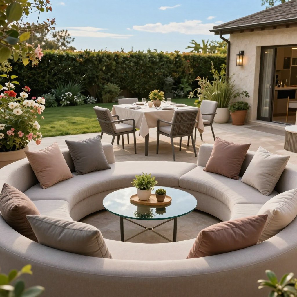 A beautifully arranged outdoor patio featuring a cozy, stylish furniture setup. In the foreground, a circular, plush seating area with soft, weather-resistant cushions in muted earth tones surrounds a low, glass-topped coffee table adorned with tasteful decorations like small potted plants. The middle ground showcases an elegant dining table with modern chairs, dressed with a light tablecloth and tasteful dinnerware. In the background, a lush garden complements the space with blooming flowers and green hedges under a bright blue sky. Soft, warm lighting hints at late afternoon, creating a welcoming atmosphere. Use a slightly elevated angle to capture the overall layout and depth of the arrangement, emphasizing both comfort and style for an inviting outdoor living space. A beautifully arranged outdoor patio featuring a cozy, stylish furniture setup. In the foreground, a circular, plush seating area with soft, weather-resistant cushions in muted earth tones surrounds a low, glass-topped coffee table adorned with tasteful decorations like small potted plants. The middle ground showcases an elegant dining table with modern chairs, dressed with a light tablecloth and tasteful dinnerware. In the background, a lush garden complements the space with blooming flowers and green hedges under a bright blue sky. Soft, warm lighting hints at late afternoon, creating a welcoming atmosphere. Use a slightly elevated angle to capture the overall layout and depth of the arrangement, emphasizing both comfort and style for an inviting outdoor living space.