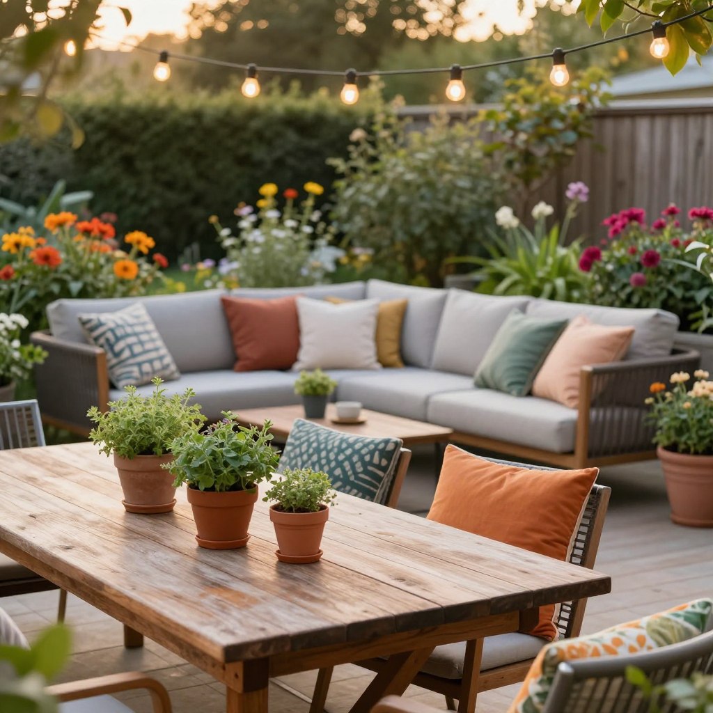 A beautifully arranged outdoor patio setting, showcasing essential decorating tips for a cozy and stylish space. In the foreground, a rustic wooden table adorned with potted herbs and colorful cushions in warm tones. The middle ground features a comfortable seating area with a modern outdoor sofa and an array of decorative throw pillows, complemented by soft, ambient string lights overhead. In the background, a lush garden blooms with vibrant flowers and greenery, creating a tranquil atmosphere. The scene is bathed in golden hour light, adding warmth and enhancing the inviting mood. Shot from a slightly elevated angle to capture the layout and design elements, while maintaining a depth of field that keeps the focus on the patio details. This image inspires creativity for outdoor decor while showcasing harmony between nature and style. A beautifully arranged outdoor patio setting, showcasing essential decorating tips for a cozy and stylish space. In the foreground, a rustic wooden table adorned with potted herbs and colorful cushions in warm tones. The middle ground features a comfortable seating area with a modern outdoor sofa and an array of decorative throw pillows, complemented by soft, ambient string lights overhead. In the background, a lush garden blooms with vibrant flowers and greenery, creating a tranquil atmosphere. The scene is bathed in golden hour light, adding warmth and enhancing the inviting mood. Shot from a slightly elevated angle to capture the layout and design elements, while maintaining a depth of field that keeps the focus on the patio details. This image inspires creativity for outdoor decor while showcasing harmony between nature and style.