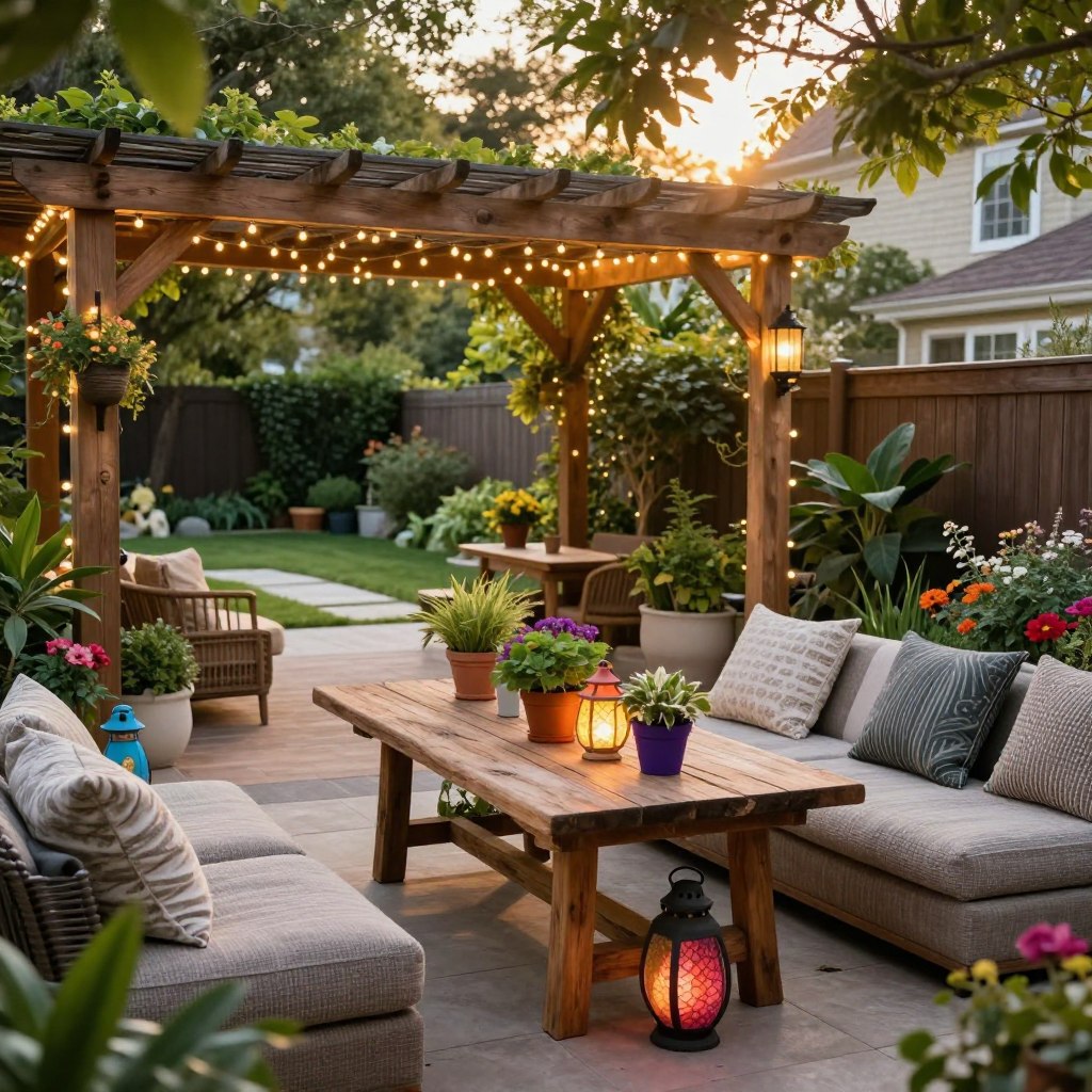 A beautifully designed backyard patio showcasing custom decorative elements to inspire a cozy and stylish outdoor space. In the foreground, a rustic wooden table adorned with vibrant potted plants and colorful lanterns, surrounded by comfortable, textured seating arrangements. The middle ground features a stunning pergola draped with fairy lights, creating an inviting atmosphere. Lush greenery and flowering plants define the patio edge, enhancing the natural feel. In the background, softly lit trees and a serene garden path create a tranquil backdrop. The sunlight filters through leaves, casting gentle shadows, and enhancing the warm, welcoming mood. The image captures a perfect blend of functionality and aesthetics, providing a sense of relaxation and personality in a backyard setting. A beautifully designed backyard patio showcasing custom decorative elements to inspire a cozy and stylish outdoor space. In the foreground, a rustic wooden table adorned with vibrant potted plants and colorful lanterns, surrounded by comfortable, textured seating arrangements. The middle ground features a stunning pergola draped with fairy lights, creating an inviting atmosphere. Lush greenery and flowering plants define the patio edge, enhancing the natural feel. In the background, softly lit trees and a serene garden path create a tranquil backdrop. The sunlight filters through leaves, casting gentle shadows, and enhancing the warm, welcoming mood. The image captures a perfect blend of functionality and aesthetics, providing a sense of relaxation and personality in a backyard setting.