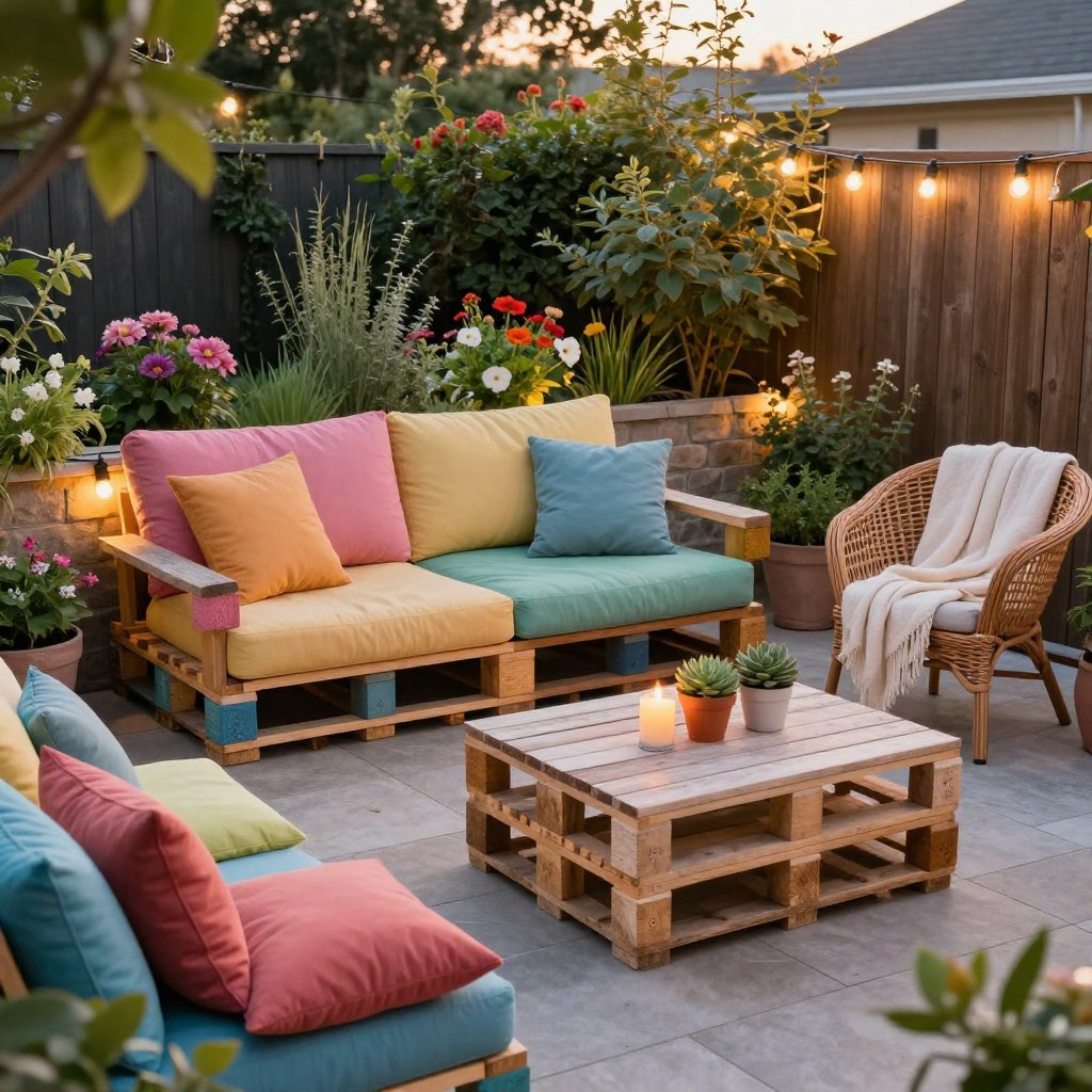 A cozy and stylish patio showcasing budget-friendly upgrades. In the foreground, colorful outdoor cushions and a small coffee table adorned with potted succulents and candles create an inviting atmosphere. In the middle, a simple wooden pallet sofa painted in vibrant colors, surrounded by string lights for a warm glow. A wicker chair with a soft throw blanket enhances comfort and charm. In the background, a stylish but modest garden full of blooming flowers and herbs complements the setting. The scene is captured during the golden hour, providing soft, warm lighting that casts gentle shadows. The angle is slightly elevated, offering a panoramic view of the cozy outdoor space, inviting viewers to imagine themselves enjoying this serene atmosphere. A cozy and stylish patio showcasing budget-friendly upgrades. In the foreground, colorful outdoor cushions and a small coffee table adorned with potted succulents and candles create an inviting atmosphere. In the middle, a simple wooden pallet sofa painted in vibrant colors, surrounded by string lights for a warm glow. A wicker chair with a soft throw blanket enhances comfort and charm. In the background, a stylish but modest garden full of blooming flowers and herbs complements the setting. The scene is captured during the golden hour, providing soft, warm lighting that casts gentle shadows. The angle is slightly elevated, offering a panoramic view of the cozy outdoor space, inviting viewers to imagine themselves enjoying this serene atmosphere.
